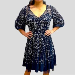 Aidan Mattox  3/4 Sleeve V Neck Sequin Mesh Aline  Dress Twilight Blue 8